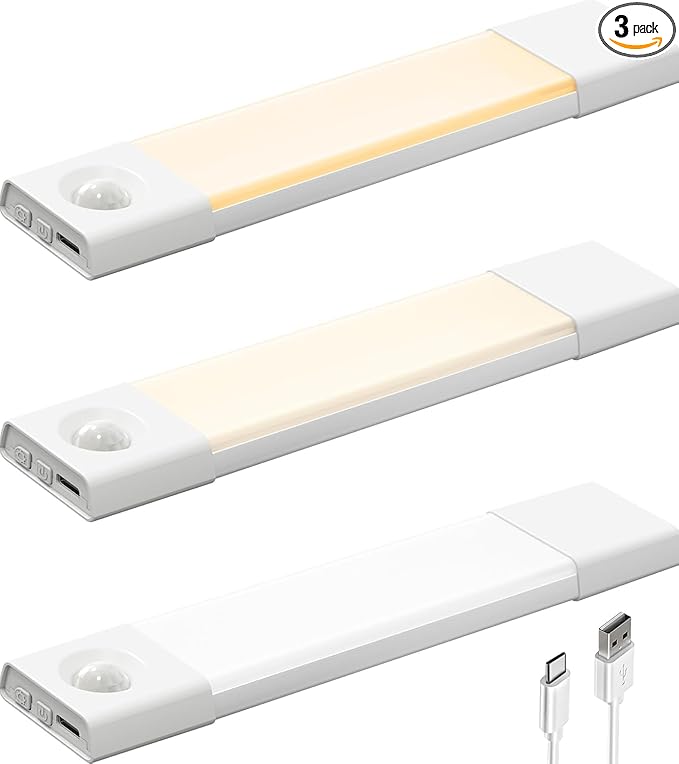 EZVALO 3 Pack 8” Motion Sensor Light Indoor Rechargeable, Stick on Under Cabinet Lighting Wireless, 30 LEDs Closet Light, Dimmable, 3 Color Temps, Counter Lights for Wardrobe, Pantry, Bedroom, Kitchen