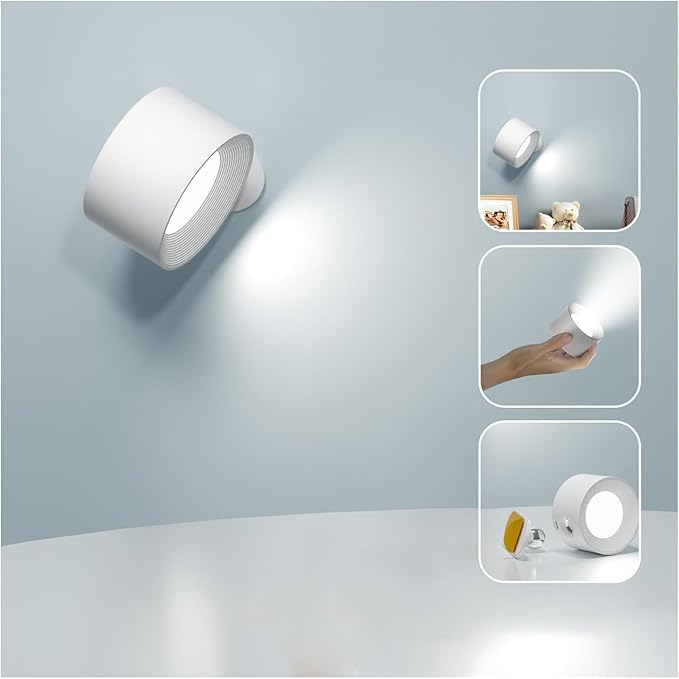 Deyagoo LED Wall Sconce, Wall Mounted Lamp with Rechargeable Battery Operated 3 Color Temperature & 3 Brightness Level 360°Rotate Magnetic Ball, Cordless Wall Light for Reading Bedside-White