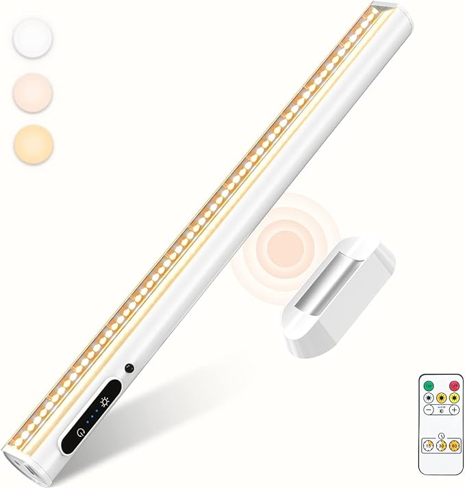 Rechargeable Magnetic LED Light Bar with Remote, Under Cabinet Lighting Wireless, Battery Powered Operated Wall Strip Lights, Dimmable Desk Lamp for Mirror Closet Bathroom Kitchen – White