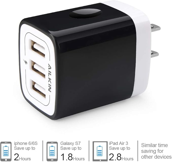 Wall Charger Plug, AILKIN USB Plug Wall, 3MultiPort Home Charger Station Cube Box Charger Outlet Base Brick Block Replacement for iPhone, iPad, and iWatch Charger Plug (Black)