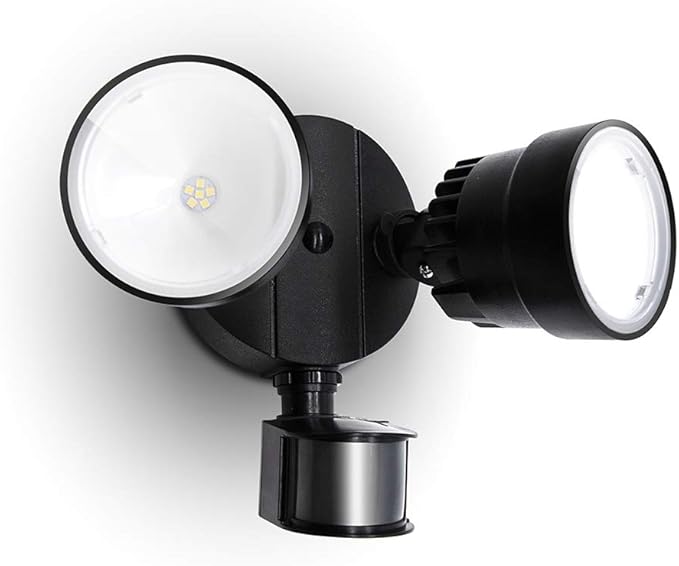 LUTEC Shrimp P6221B-PIR24 2000 Lumen 18 Watt 26 LED Motion Activated Integrated Dual-Head Floodlight Outdoor, IP54 Waterproof Exterior Security Wall Light for Patio, Garden, Yard-Black