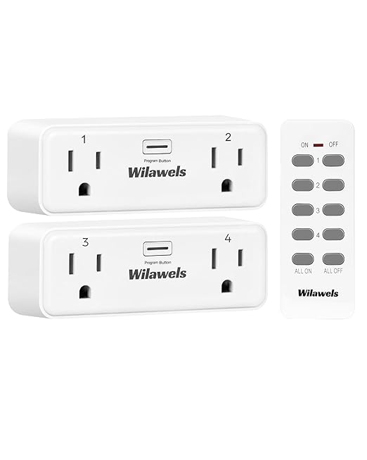 Remote Control Outlet with 4 Independent Control Sockets, WILAWELS Wireless Remote Light Switch for Christmas Tree Lights, String Lights, 15A/1875W/125V, FCC Certified, One Remote for 4 Plugs