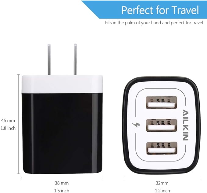 Wall Charger Plug, AILKIN USB Plug Wall, 3MultiPort Home Charger Station Cube Box Charger Outlet Base Brick Block Replacement for iPhone, iPad, and iWatch Charger Plug (Black)