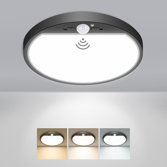 slochi Motion Sensor Light Indoor Hardwired PIR, 3000K/4000K/6500K LED Closet Lights Motion Sensored, 15W 1500LM 7 in, Timer, Motion Activated Flush Mount Ceiling Light for Hallway Wall Pantry, Black