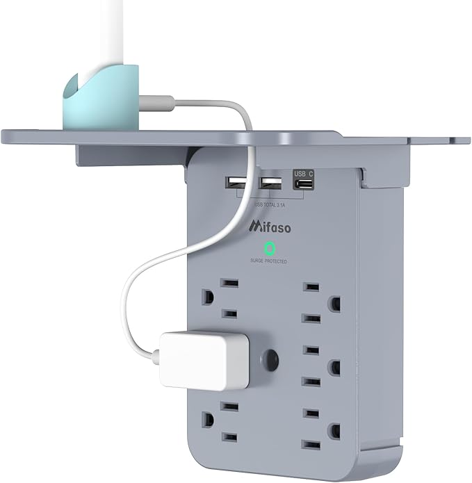 Wall Outlet Extender with Shelf, Surge Protector 6 AC Multi Plug Outlet, 3 USB Charger Station Splitter Expander for Bathroom Home, Grey