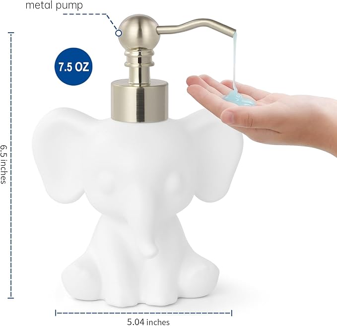 Cute Elephant Shape Soap/Hand Sanitizer Metal Pump Dispenser, Refillable for Bathroom Accessories, Gifts for Kids (Matt White)