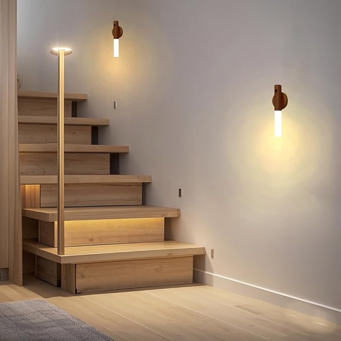 LANDGOO 2 Pack Walnut Night Lights with Motion Sensor & RGB Touch Control | USB-C Rechargeable Wood Wall Sconces Set for Bedroom Pair, Hallway, Staircase, Bathroom Vanity (Luxury Bundle)
