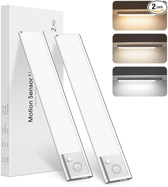 Under Cabinet Lighting 16 Inch, 2 Pack Rechargeable LED Motion Sensor Lights, Dimmable, USB-C, 3 Color Temperature, Magnetic Wireless Closet, Kitchen, Wardrobe Lights