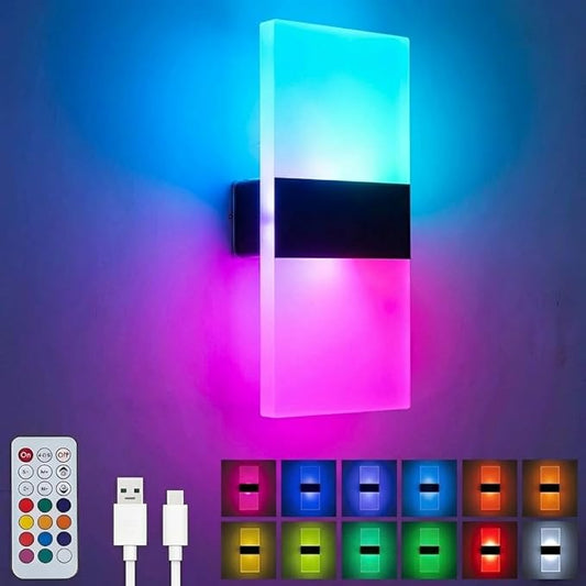 12 Color Changing RGB Wall Sconce, Rechargeable Battery Operated LED Wall Light, Remote Dimmable Magnetic Night Light for Bedroom Hallway Stairway Decor