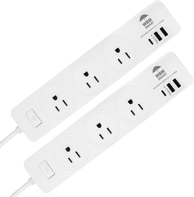 WBM SMART Power Strip 5.9 ft 10 A - Extention Cord Socket, Pack of 2 with 2 USB Ports and 1 Type C Plug, Multi Outlet Extender for Home, Office and Dorm Room