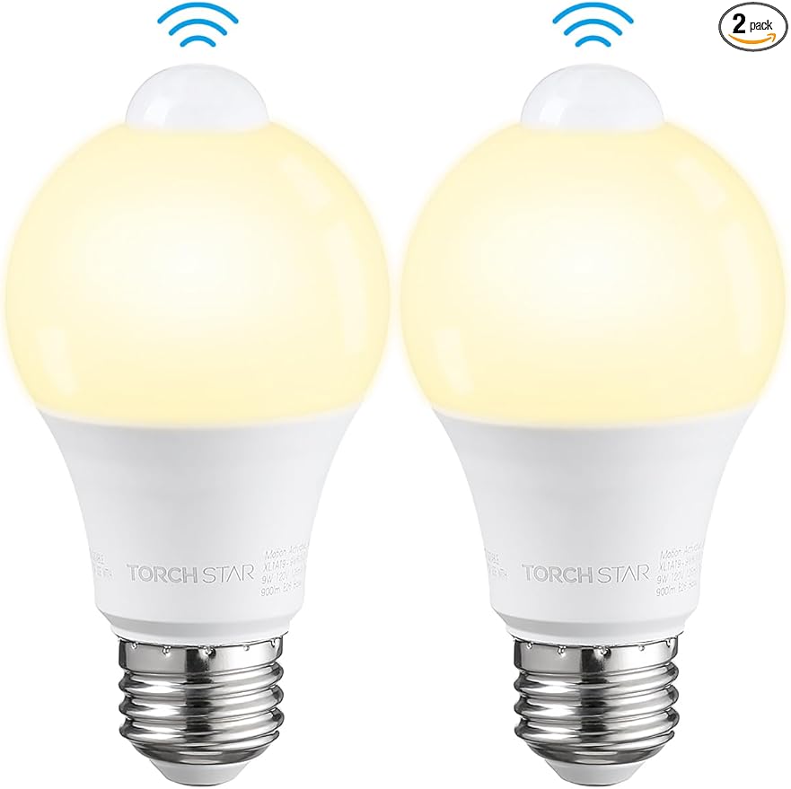 TORCHSTAR LED Motion Sensor Light Bulb, UL FCC DOE Listed, 9W (60W Eqv) 900LM, E26 Base, A19 Motion Detector Activated LED Light Bulb for Laundry Porch Basement Hallway, 3000K Warm White, Pack of 2