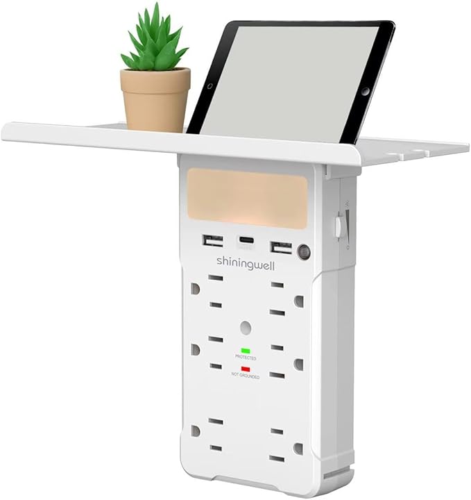 Wall Outlet Extender with Shelf and Night Light, Surge Protector with 3 USB Ports (2A+1C) and 6 AC Outlets, Multi Plug Power Strip Electric Outlet Splitter for Home and Office Use, White