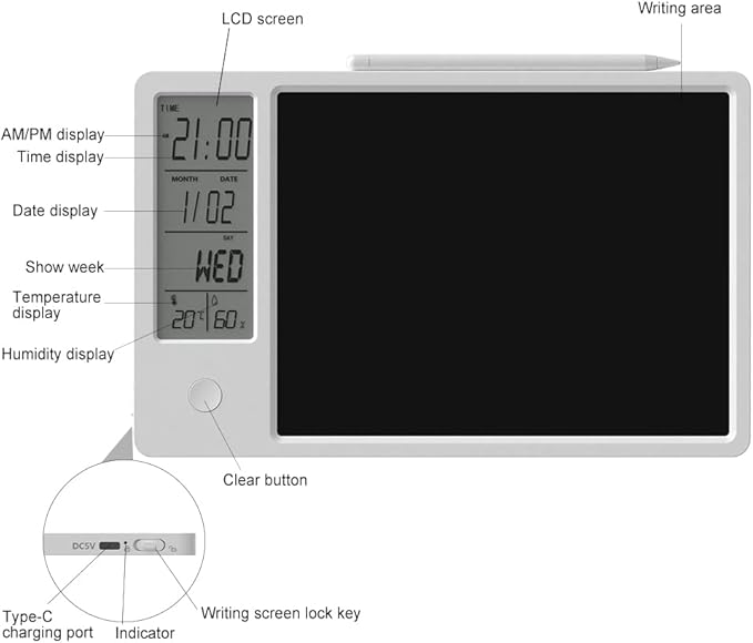 Electronic Desktop Calendar Rechargeable Writing Notepad with Digital Clock Date Time Week Indoor Temperature Display 9.5inch Drawing Pad for Office Home Business(White)