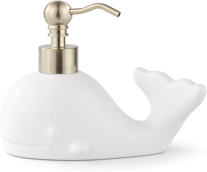 Cute Whale Shape Soap/Hand Sanitizer Metal Pump Dispenser, Refillable for Bathroom Accessories, Gifts for Kids (Matt White)