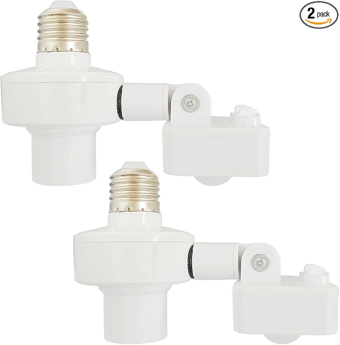 2 Pack Motion Sensor Light Sockets,Motion Activated Socket Adapter, E26/E27 Adjustable Sensor Head Security Light Bulb Socket for Garage,Hallway,Pantry Room,Laundry Room