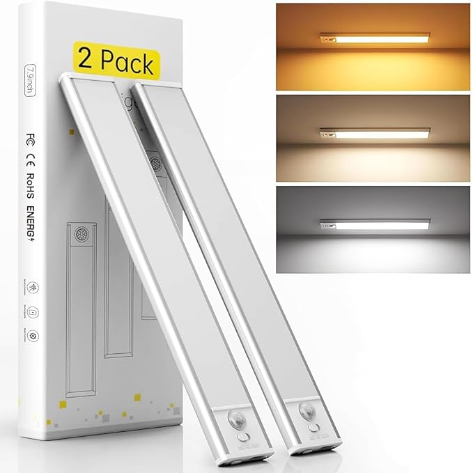 Under Cabinet Lighting Wireless, 2 Pack Under Cabinet Lights, Rechargeable Motion Sensor Light Indoor, 3 Color Temps, 5 Levels Dimmable Magnetic Closet Lights, Under Counter Lights for Kitchen, Stairs