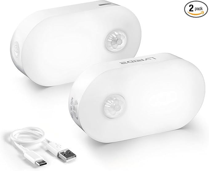 Lyridz Rechargeable Motion Sensor Night Light, Cool White LED Stick-on Closet Light with Dusk to Dawn Sensor, 1-20LM Stepless Adjustable Brightness for Bedroom, Wall, Kitchen, Stairs, Hallway, 2-Pack