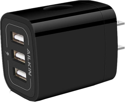 Wall Charger Plug, USB Charger Cube, AILKIN 3.1A 3-Muti Port USB Adapter Power Plug Charging Station Box Black Base for iPhone 17 16 15 14 13 12 11 Pro Max/SE, Samsung Galaxy Phones Charge Block