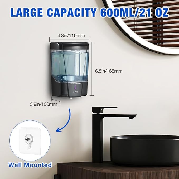 2 Pack Automatic Soap Dispenser Touchless,600 ml / 20 oz Commercial Hand Soap Dispenser,Wall Mount Hand sanitizer Dispenser for Bathroom Offices Home Kitchen Hotel（Black）