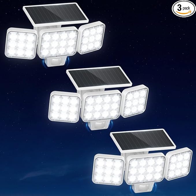 WdtPro Motion Sensor Outdoor Lights 3 Pack,3500LM Bright Solar Lights Outdoor Flood Light, Upgrade Glass Panel, LED Solar Powered Security Light Spotlights Waterproof for Outside Yard-White