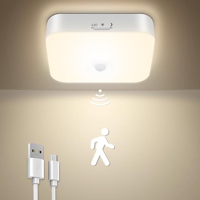 TOOWELL Rechargeable Motion Sensor Closet Light - 10000mAh Battery Operated Ceiling Light,500LM Warm White Wireless Ceiling Lights for Closet Shower Bathroom Pantry Hallway Porch Stair 3000K