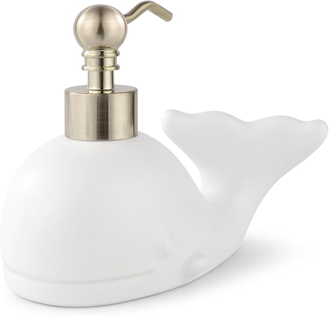 Cute Whale Shape Soap/Hand Sanitizer Metal Pump Dispenser, Refillable for Bathroom Accessories, Gifts for Kids (Matt White)