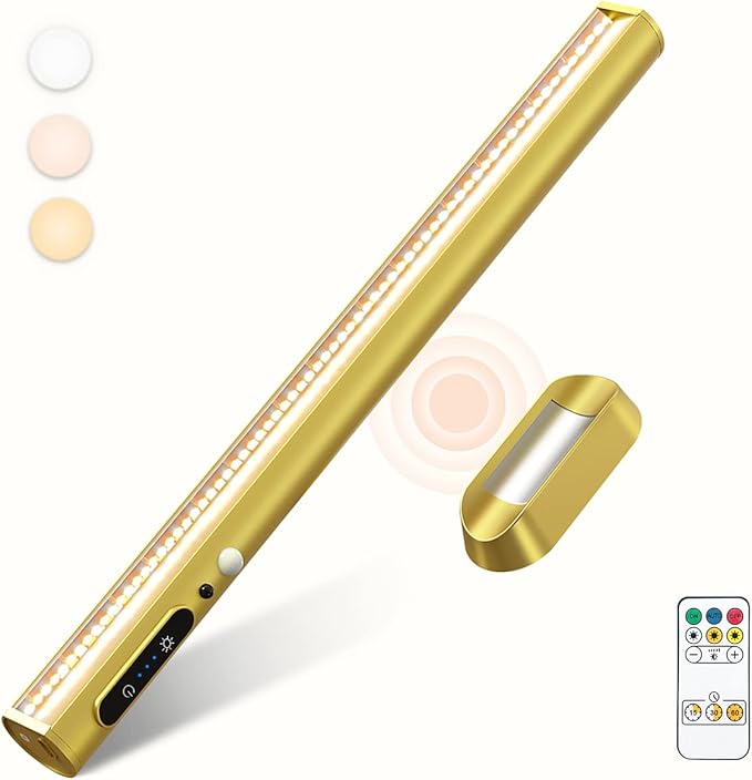 Battery Powered Operated Wall Strip Lights, Motion Sensor LED Light Bar Indoor, Rechargeable Magnetic Under Cabinet Lighting Wireless with Remote Control for Picture Closet Room – Gold