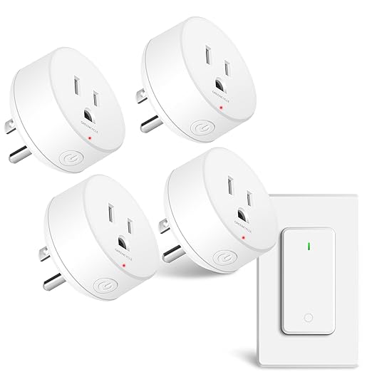 GreenCyle 4 Plug-in Light Switches with 1 Remote, Wireless Remote Control Light Bulb with Wall Switch, 15A/1500W, TUV List, No Wiring, 500ft RF Range, for Lamps, Household