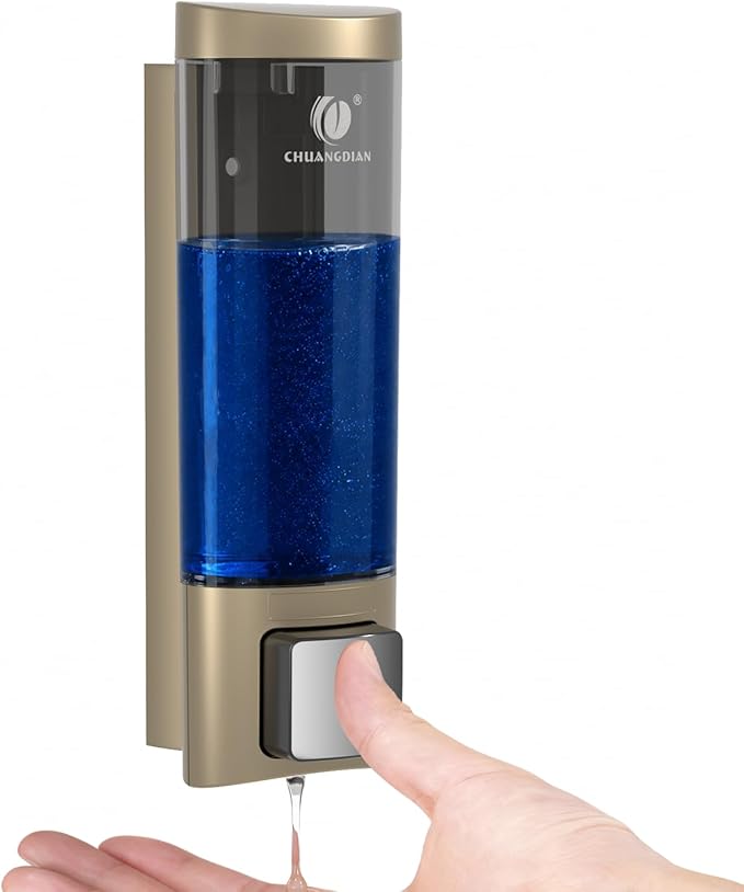 Manual Soap Dispenser Wall Mount, 6.76oz/200ml Liquid Soap Dispenser for Kitchen, No Drill Bathroom Shampoo and Conditioner Dispenser, Refillable Hand Sanitizer Dispenser for Home & Office (Gold)
