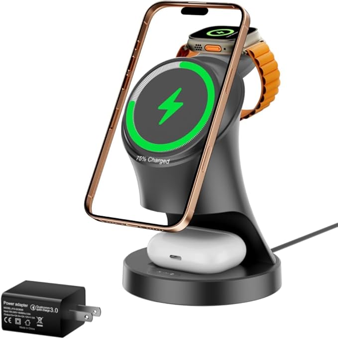 3 in 1 Wireless Charging Station for Apple Devices,Magsafe Charger for IPhone17 16 15 14 13 12 Pro/Max/Plus/Mini Wireless Charger Station for AirPods 2/3/4/Pro iWatch Ultra11/10/9/8/7/SE/6/5/4/3/2