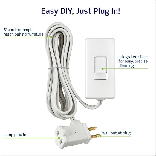 Leviton Table Lamp Dimmer White | 150W LED/CFL Compatible | 6 Foot Cord | Slide Control | Pack of 4