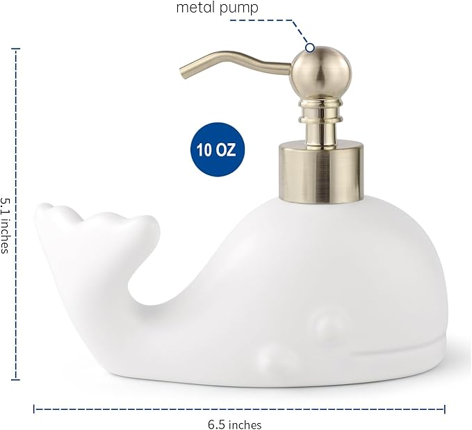 Cute Whale Shape Soap/Hand Sanitizer Metal Pump Dispenser, Refillable for Bathroom Accessories, Gifts for Kids (Matt White)