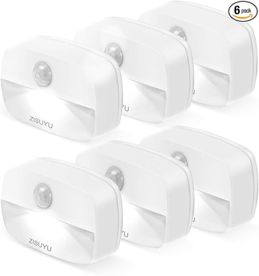 ZISUYU 6 Pack Motion Sensor Light Indoor, Battery Operated Stair Light, Wireless Stick on Anywhere Closet Lights, Led Night Lamps for Hallway Bathroom Bedroom Under Cabinet Kitchen(Cool White)