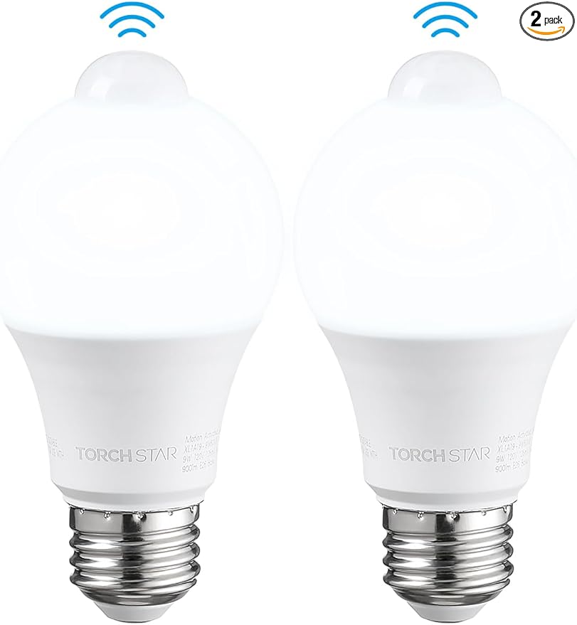 TORCHSTAR LED Motion Sensor Light Bulb, UL FCC DOE Listed, 9W (60W Eqv) 900LM, E26 Base, A19 Motion Activated LED Light Bulb for Laundry, Basement, Hallway, Closet, 6000K Pure White, Pack of 2