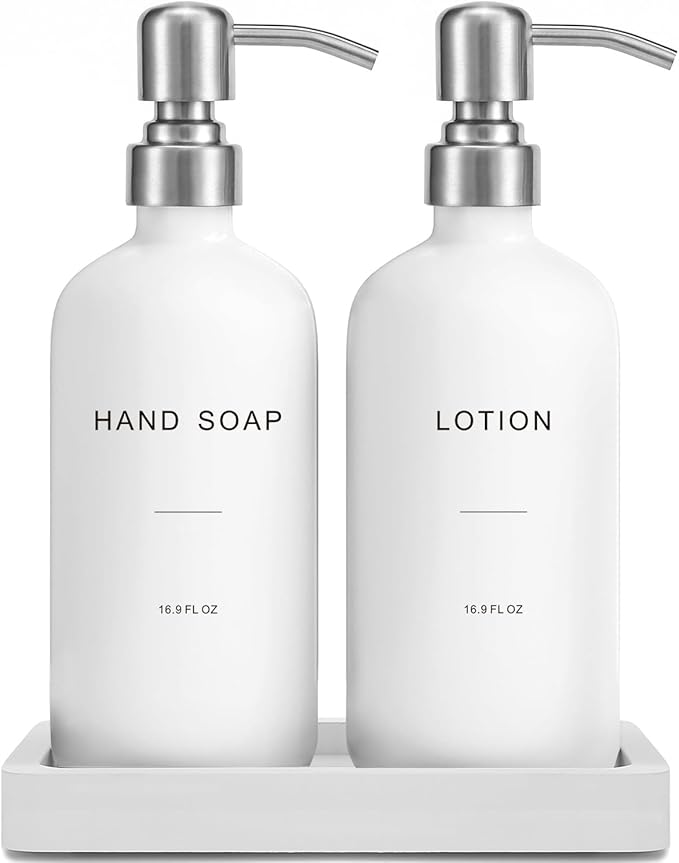 Prus Waso White Soap Dispenser Bathroom Set, Hand and Lotion Dispenser with Pump, Perfect for Bathroom Essentials for New Home. (Silver & White)