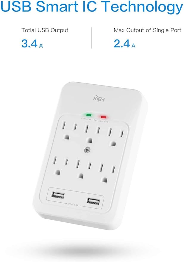 KMC 6-Outlet Surge Tap, 2 USB Ports (3.4A), 980 Joules Surge Protector, White (2 Pack)