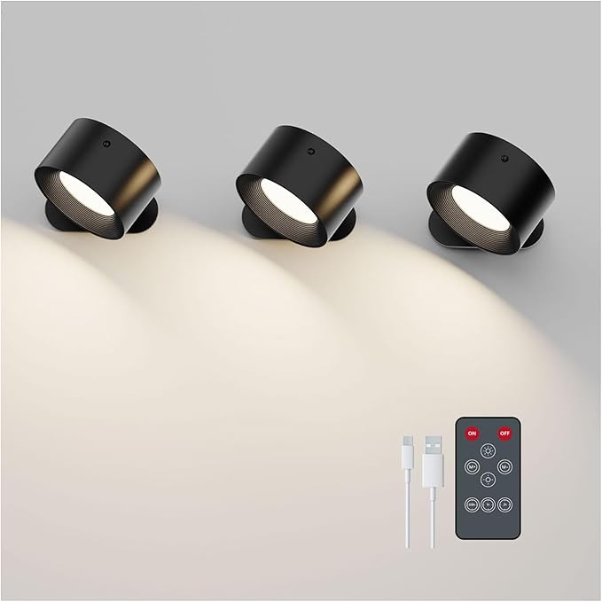 Deyagoo 3PACK Romote LED Wall Sconce - Rechargeable Wall Light, 3 Colors & 3 Brightness Levels, 360° Magnetic Rotating Head, Bedside Reading Lamp, Easy Install Battery Operated Wall Lamp Black