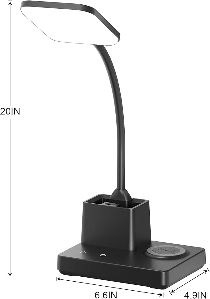 Desk Lamp, Table Lamp with Wireless Charger & USB Port, 800LM CRI95 3 Color Modes Dimmable Touch Flexible Arm Pen Holder, LED Desk Lamps for Home Office, College Dorm Room, Adapter Included