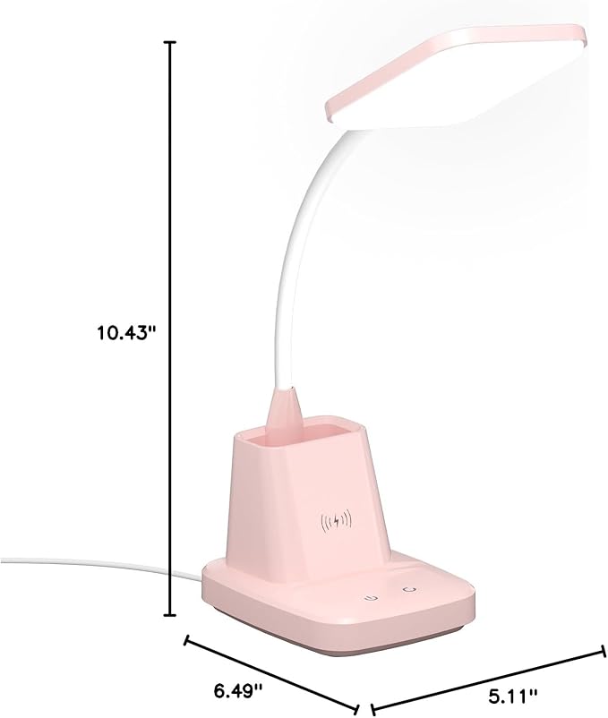 Pink Desk Lamp, Small Desk Lamp with Pen Holder, Wireless Charger LED Desk Lamps for Home Office, Kids Desk Lamps 800LM Flexible Arm 3 Modes Dimmable Touch, Study Lamps for College Dorm Room