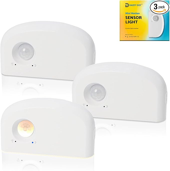 DAZZY DOT Rechargeable Motion Sensor Night Light, Mini Battery Night Light, Warm White Stair Lights Indoor, Ultra-Thin Magnetic Dimmable Stick-On, for Stairs Hallway Bathroom Bedroom, 3 Pack