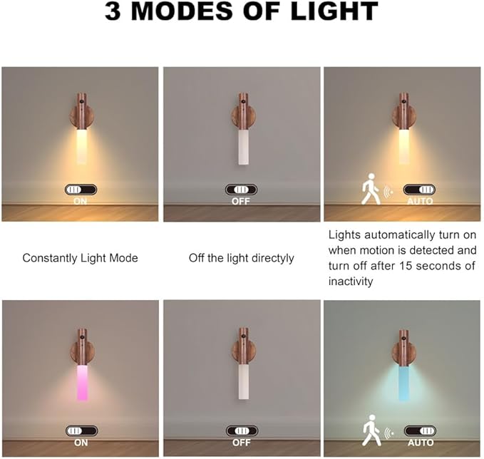 LANDGOO 2 Pack Walnut Night Lights with Motion Sensor & RGB Touch Control | USB-C Rechargeable Wood Wall Sconces Set for Bedroom Pair, Hallway, Staircase, Bathroom Vanity (Luxury Bundle)