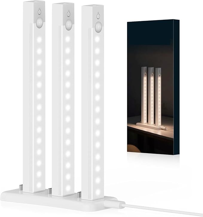 Under Cabinet Lighting 8 Inches Rechargeable Motion Sensor Light Indoor with Charge Station, 3 Color Dimmable Closet Light Battery Operated, Magnetic Under Counter Lights for Kitchen, 3-Pack