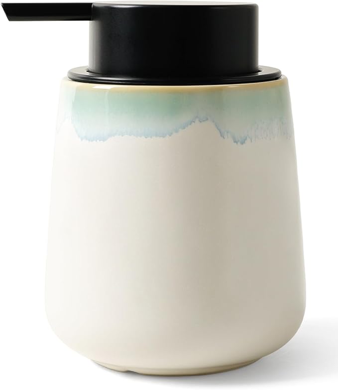 Bosilunlife Ceramic Bathroom Soap Dispenser - 12Oz Bathroom Countertop Kitchen Dish Soap Pump Dispenser Liquid Soap Dispenser - Matte White with Blue-Green Rim