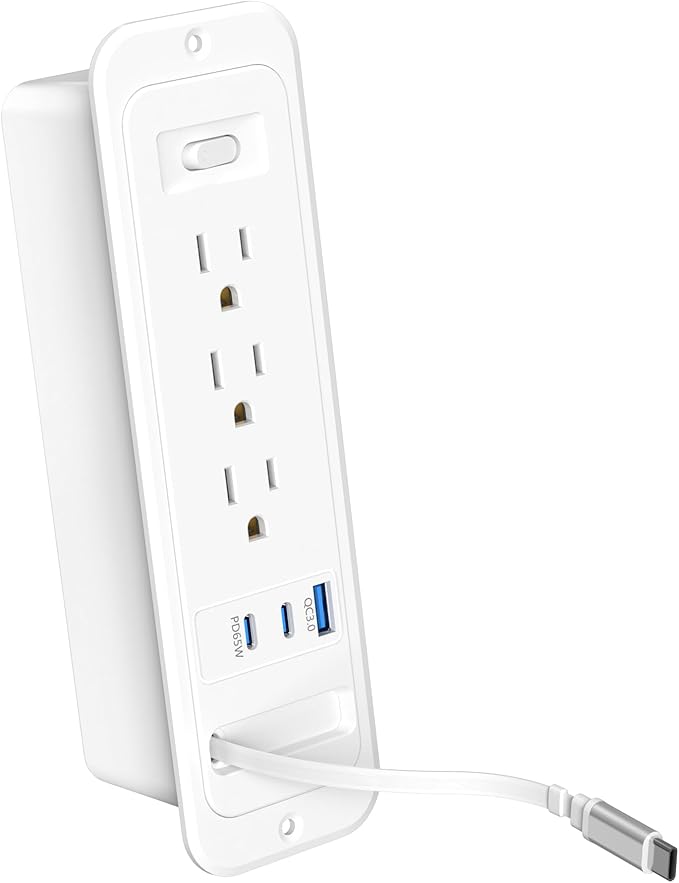 Recessed Power Strip with Retractable USB C Cable,2 PD 65W USB C Fast Charging,Flush Mount Countertop Drawer Outlet, Furniture Hidden Outlet for Side Table,End Table,3 Outlets (White, 6FT-65W)