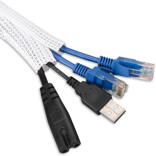 AGPTEK Cable Sleeve, 6.6ft - 2/3 inch Cable Management Desk Cord Cover Organizer Wire Hider for Home Office Computer TV Wire Loom Tubing Pet Proof Cord Protector from Cat Dog Chewing, White