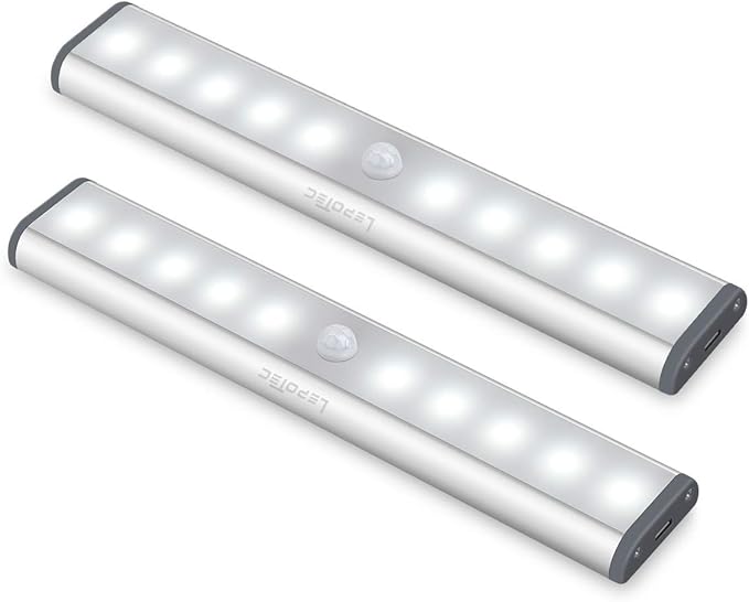Wireless Motion Sensor Cabinet Lights 10-LED USB Rechargeable Closet Lights LED Under Cabinet Lighting for Wardrobe/Drawer/Stairs/Cupboard/Counter/Pantry/Stairs,Stick On Anywhere,2 Pack,White Light
