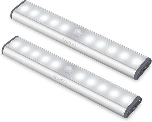 Wireless Motion Sensor Cabinet Lights 10-LED USB Rechargeable Closet Lights LED Under Cabinet Lighting for Wardrobe/Drawer/Stairs/Cupboard/Counter/Pantry/Stairs,Stick On Anywhere,2 Pack,White Light