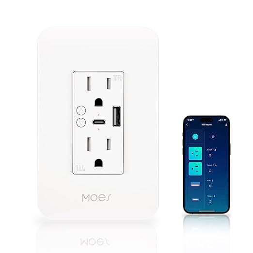 MOES Smart USB Wall Outlet Receptacle with Type-C & Type-A Charger, 2.4GHz Wi-Fi in-Wall Plug Socket, Remote Individual Control On/Off 15Amp, No Hub Required