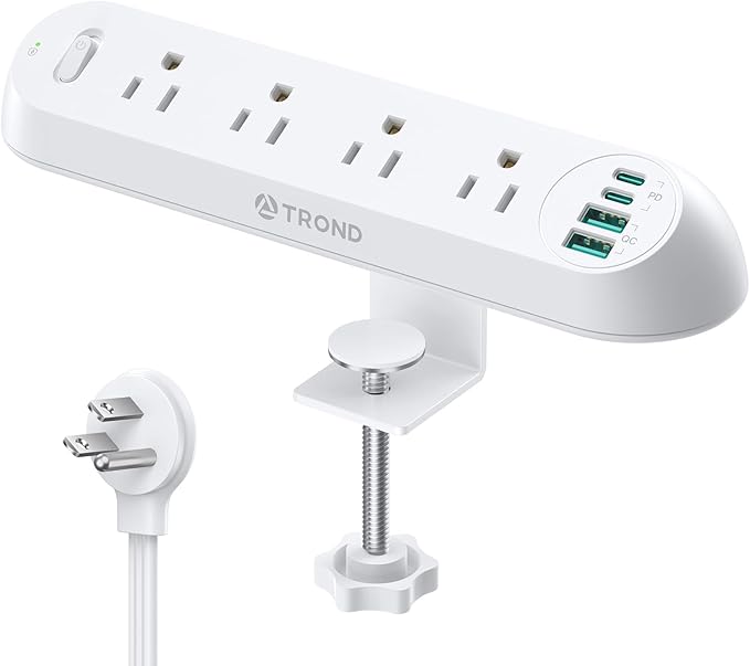 TROND Desk Clamp Power Strip 20W USB C, Surge Protector with 4 Outlets 4 USB Ports, Flat Plug 6ft Extension Cord, 1700J, ETL Listed, Fits 1.97 inch Tabletop Edge, for Home Office Accessories, White