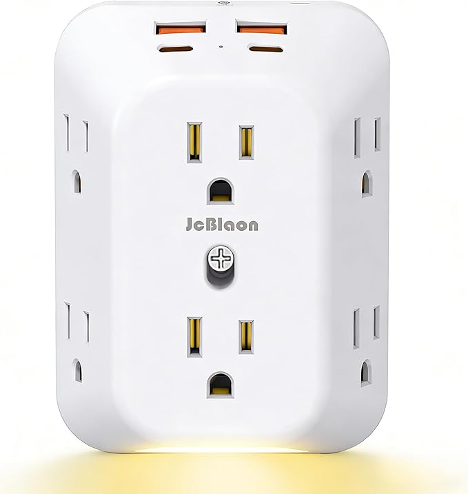 Outlet Extender Surge Protector, 6 Outlet Surge Protector Extender with 4 USB Ports (2 USB C) and Night Light, 1050J 4 Sided Multi Plug Wall Outlet for Home Office Dorm Essentials